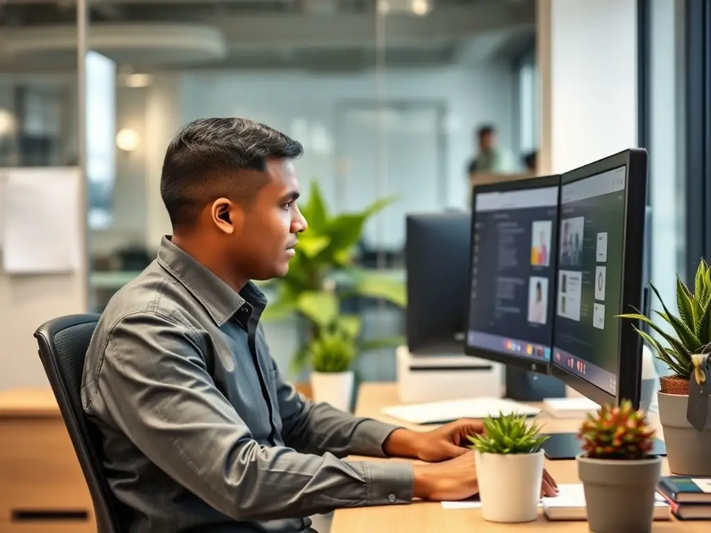 A professional worker in Mozambique using a computer in a modern office setting, reviewing job applications with a focused expression.