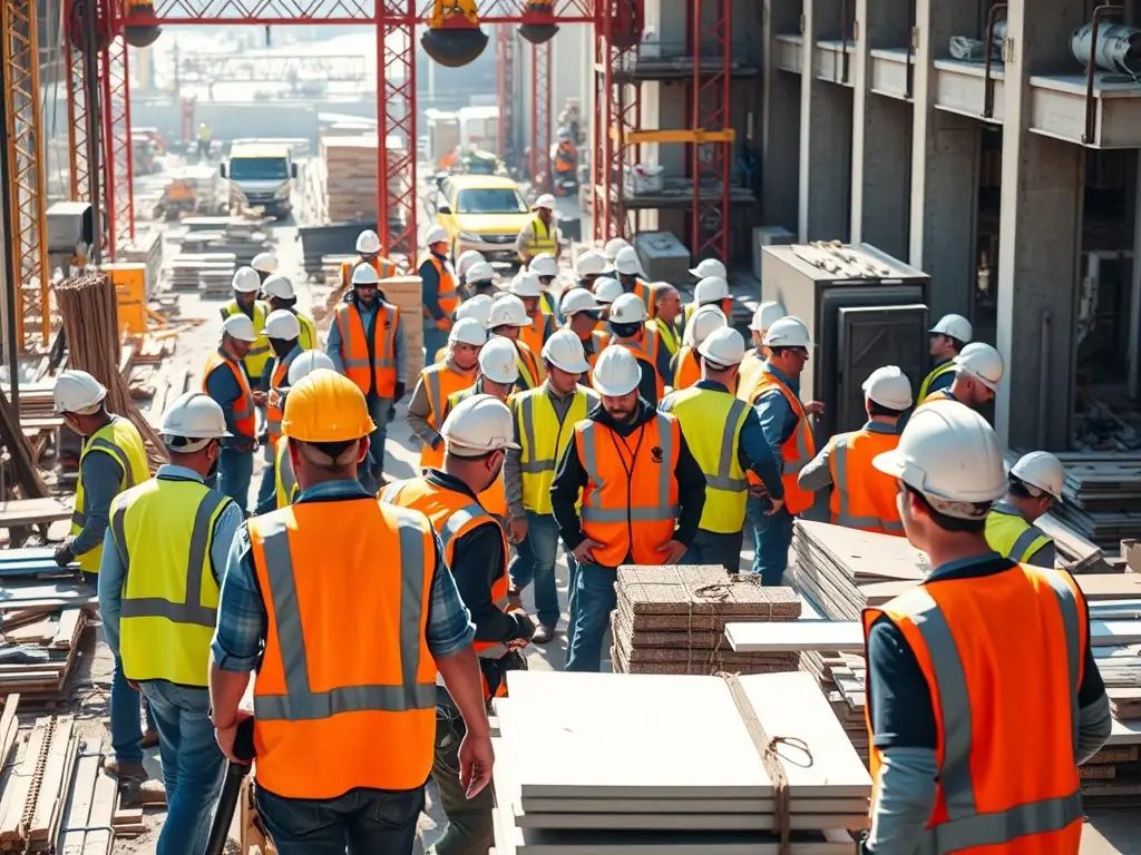 A construction site in Tete, Mozambique, with workers wearing safety gear, highlighting the labor-intensive industries ELS Labor Bronken & Service supports.